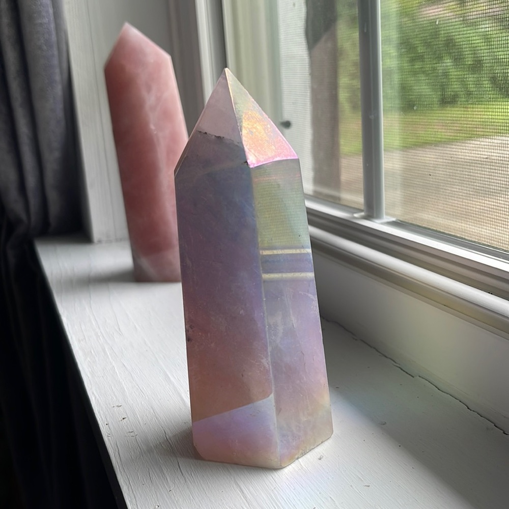 Large aura rose quartz tower